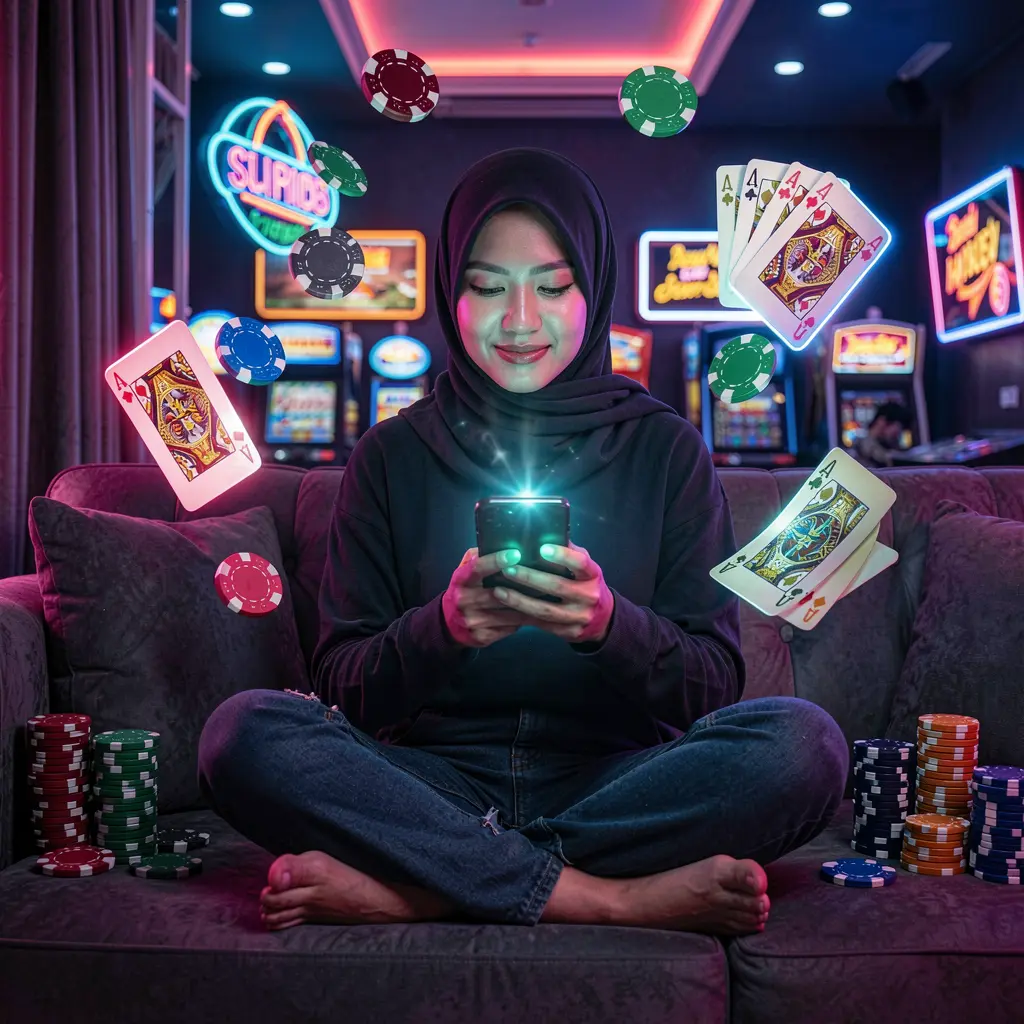 PETRONAS77 App – Enjoy smooth and immersive mobile casino play in Malaysia Stylish Malaysian woman relaxing on a sofa while using the PETRONAS77 mobile casino app with glowing cards and chips around her