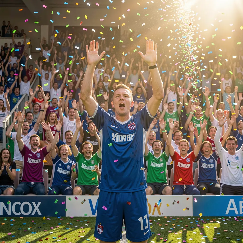 PETRONAS77 Bet – Experience the thrill of winning football bets in Malaysia Soccer player celebrating a goal with raised arms in front of cheering fans symbolizing winning moments and excitement in football betting with PETRONAS77