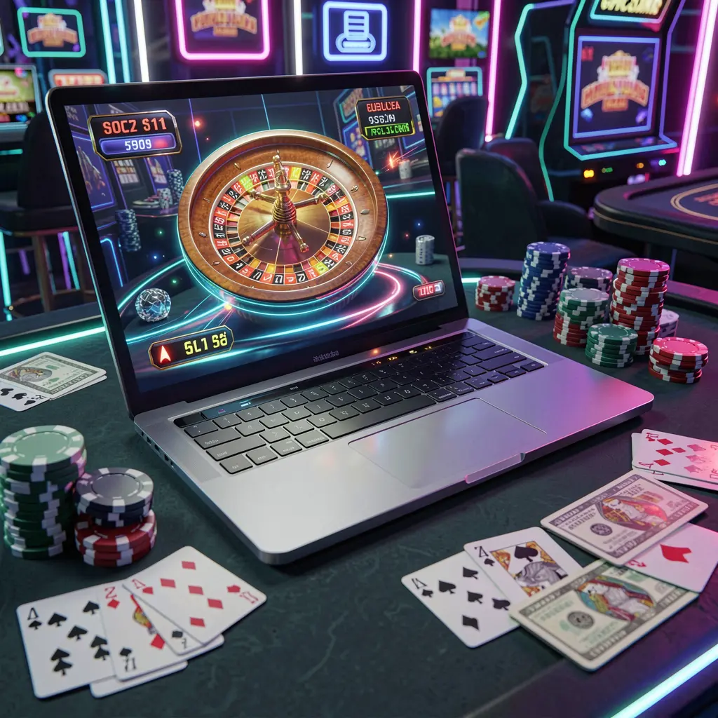 Vibrant online roulette scene on a laptop with colorful casino chips and cards highlighting the dynamic gaming environment of PETRONAS77 casino in Malaysia